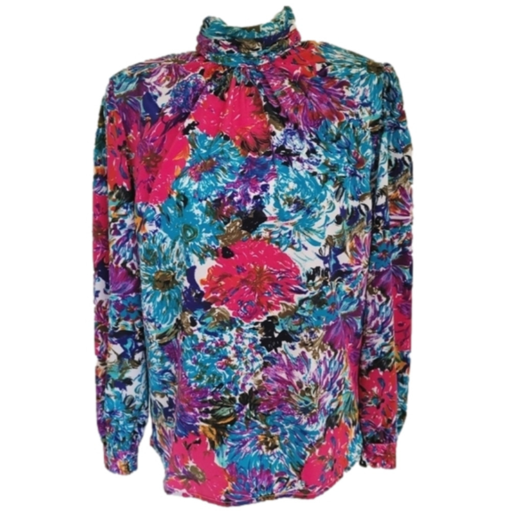Vintage 80s Bright Abstract Floral Button Back Turtleneck Blouse Size 12